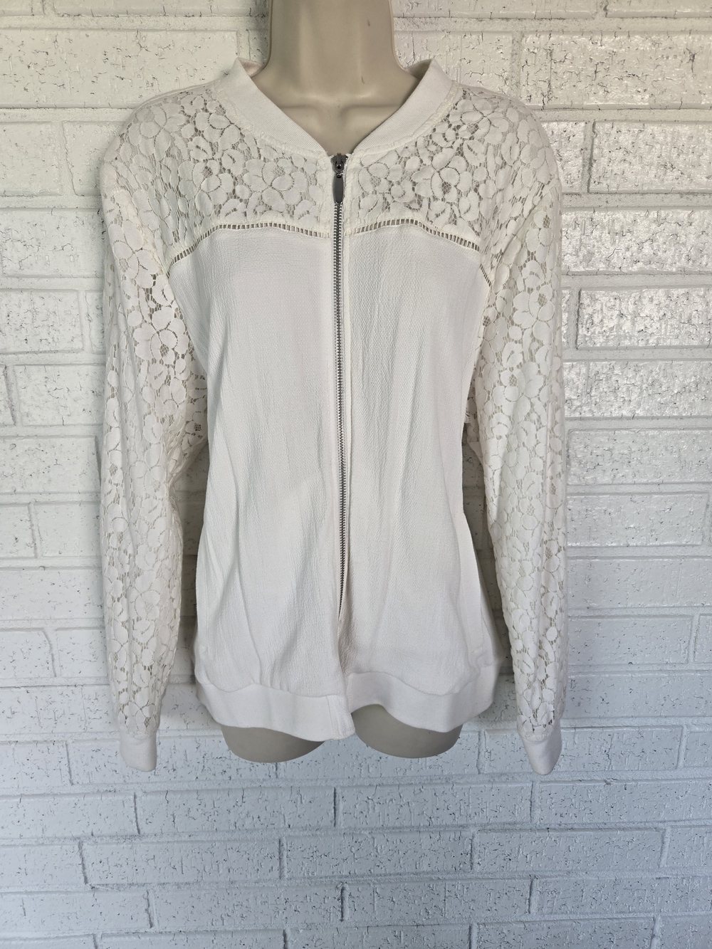 1210 Christopher & Banks White Lace-Sleeve Zip Bomber Jacket